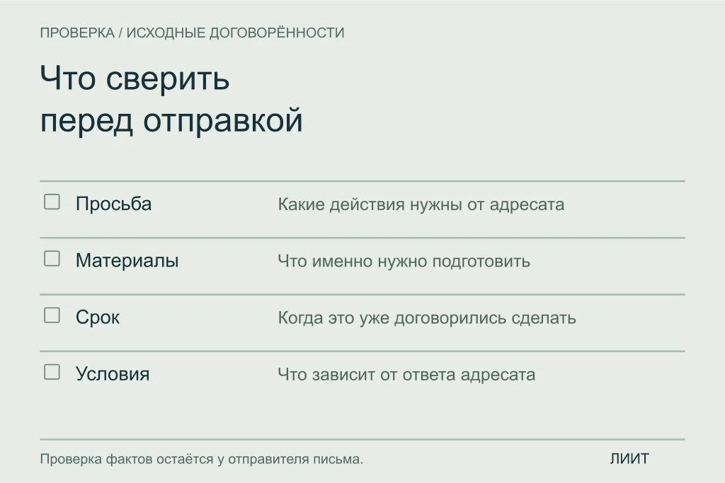 Проверка письма по исходным заметкам: просьба, состав материалов, срок и условия.
