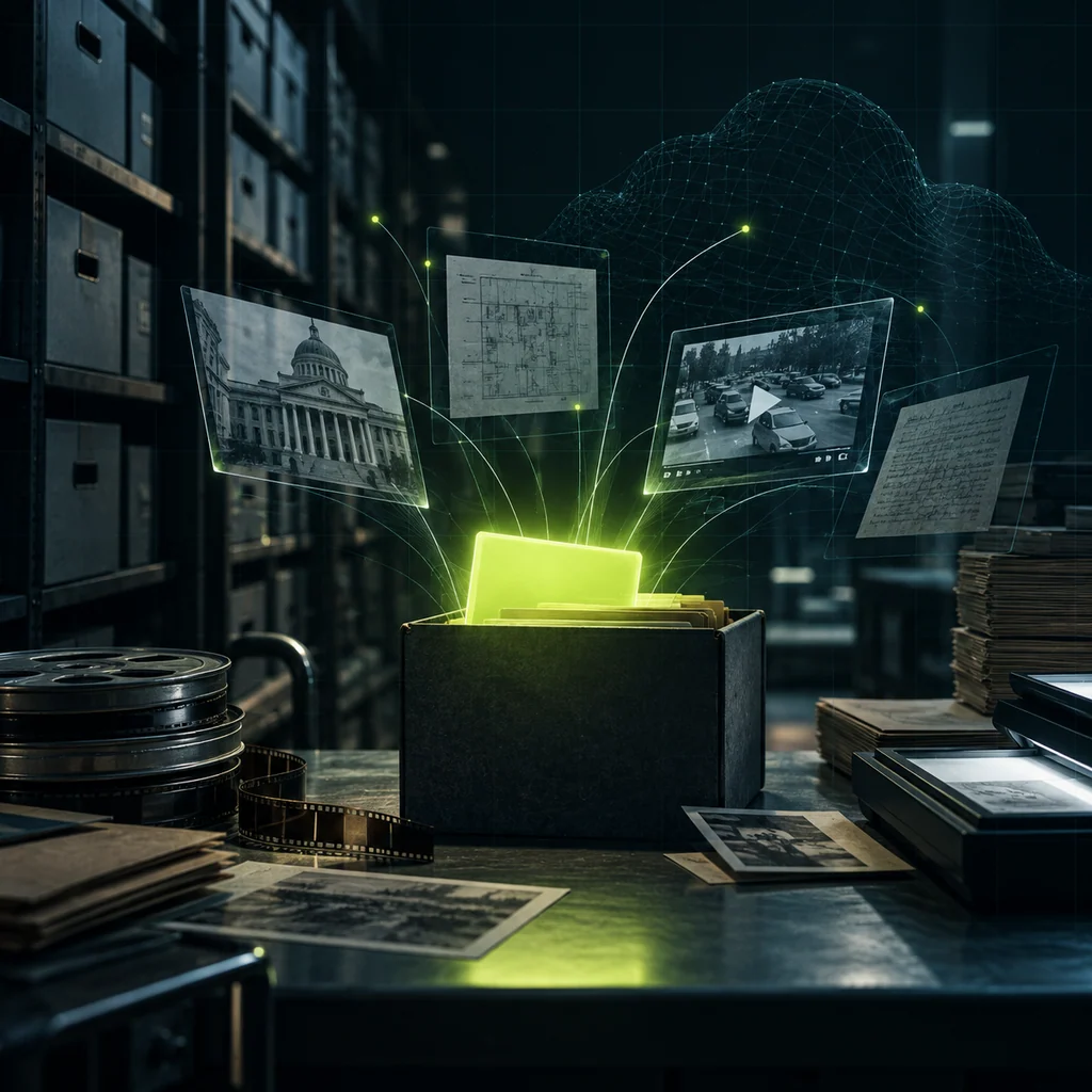 Концептуальная иллюстрация к статье «ИИ для больших архивов: Agentforce и AWS разбирают видео и сканы»