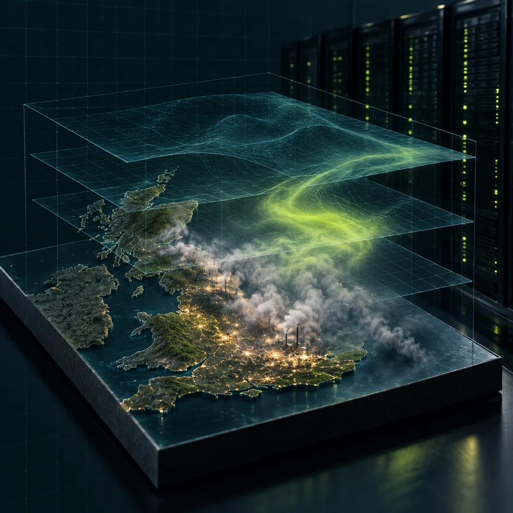 Концептуальная иллюстрация к статье «Модель NVIDIA Earth-2 учат прогнозировать загрязнение воздуха в Британии»
