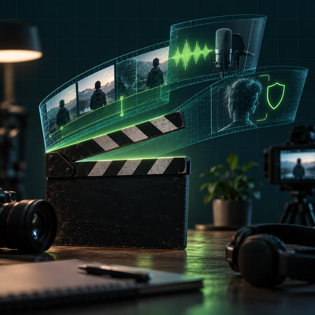 Концептуальная иллюстрация к статье «Made On YouTube 2026: ИИ-помощник монтажа, дубляж и защита образа автора»